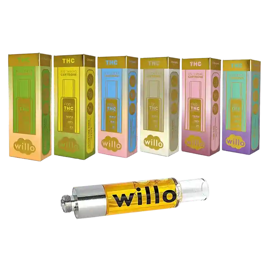 Willo Do Si Dos From Chillin Cheetah: Image Of A Colorful Willo Thc Vape Cartridge Box, Featuring The Cantaloupe Haze Strain, With A Close-up Of A Single Willo Vape Cartridge Filled With Golden Liquid.