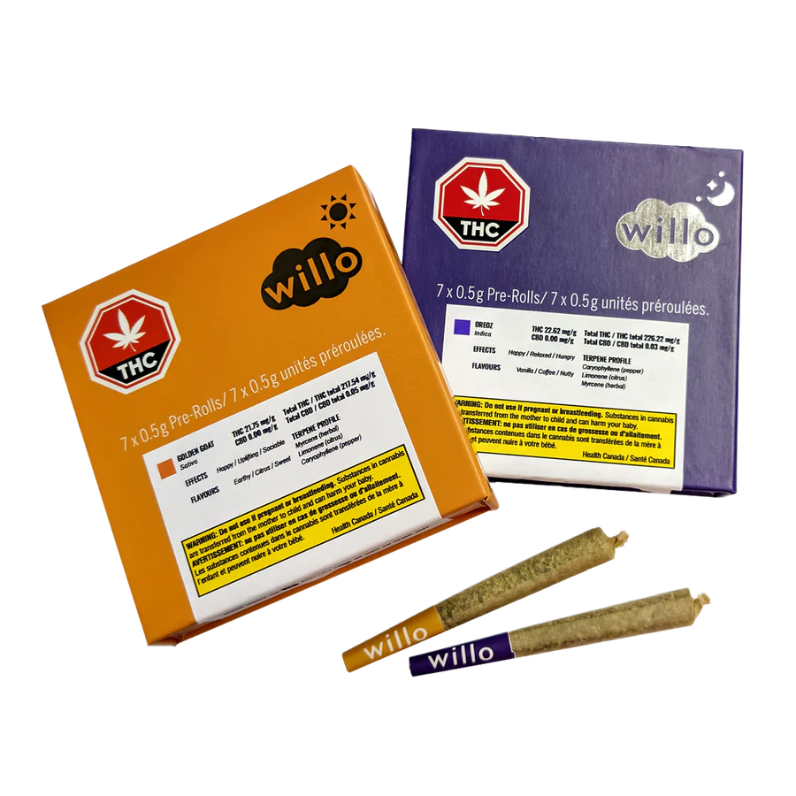 Willo Black Cherry Soda Pre-roll From Chillin Cheetah: Image Of A Red Willo Pre-roll Package Containing Five Pre-rolled Joints, With A Close-up Of A Single Pre-roll Lying Horizontally. - Chillin Cheetah - /willoblackcherrysodapreroll