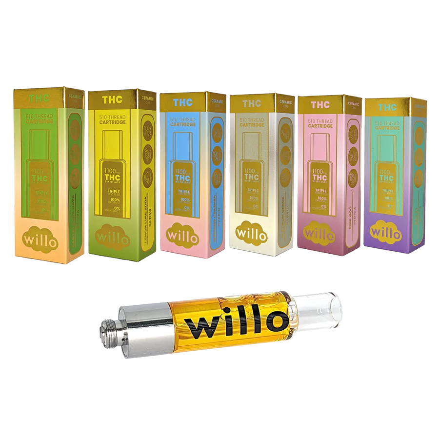 Willo Wedding Crasher From Chillin Cheetah: Image Of A Colorful Willo Thc Vape Cartridge Box, Featuring The Yuzu Tangie Strain, With A Close-up Of A Single Willo Vape Cartridge Filled With Golden Liquid.