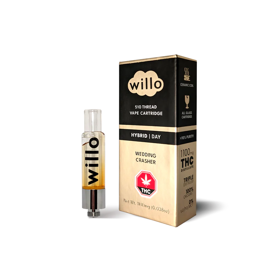 Willo Wedding Crasher From Chillin Cheetah: Image Of A Colorful Willo Thc Vape Cartridge Box, Featuring The Yuzu Tangie Strain, With A Close-up Of A Single Willo Vape Cartridge Filled With Golden Liquid.